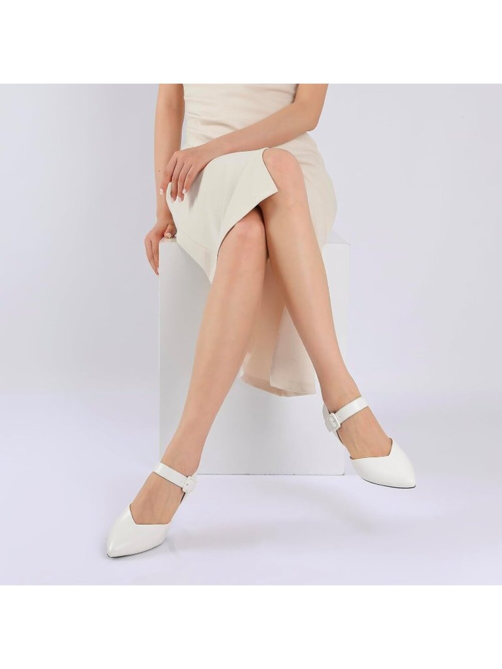 〽️Women's White Kitten Heel Pointed Closed Ankle Strap Buckle Slip On Shoes